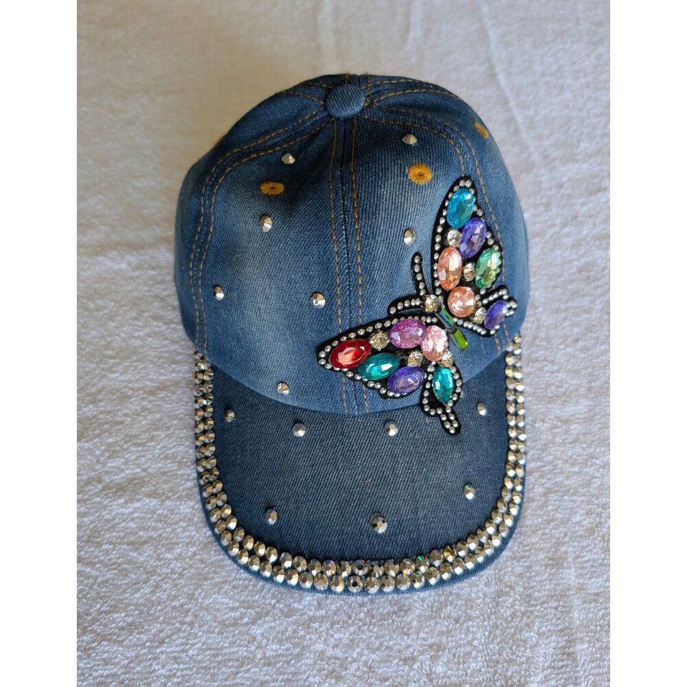 Butterfly Rhinestone Denim Baseball Cap Jeweled Bling Adjustable Hat